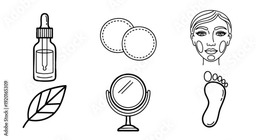 Simple line art vector icon set for beauty, cosmetics, skincare, and spa treatments