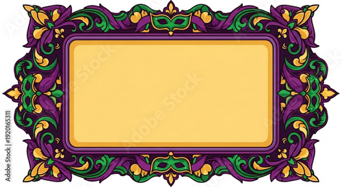 Vibrant mardi gras style frame with purple green and gold ornate decorations on white background for festive event invitations or announcements
