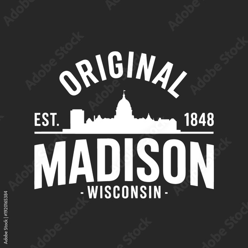 Vintage style emblem featuring the Madison Wisconsin skyline and established date