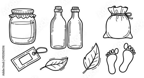 Set of doodle style natural and organic product icons for zero waste living, isolated vector elements