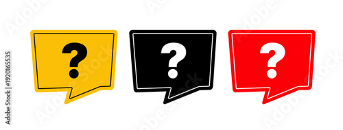 Question mark speech bubble icons set in yellow, black, and red colors, flat modern vector symbols for FAQ, help support, chat messages, user interface, education, feedback, and communication concepts