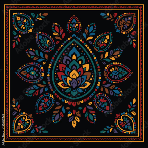 A colorful vector background pattern featuring an ethnic mandala, filled with vibrant shapes and harmonious details that create a lively, decorative visual style.
