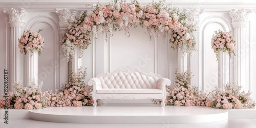 Elegant white floral archway with a light peach couch