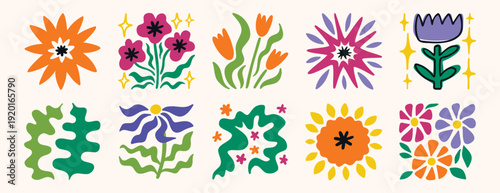 Creative flower poster style collection, bold colorful floral illustrations in square layout