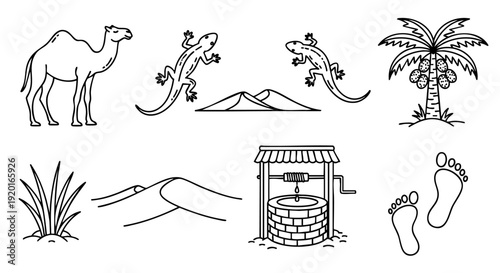 Desert Landscape Vector Icon Set Featuring a Camel, Lizards, Palm Tree, and Water Well