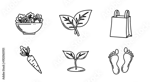 Hand-Drawn Vector Icon Set for Vegan Food, Healthy Eating, and Sustainable Living