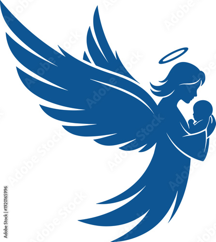 Angelic figure holding baby illustration, protective wings artwork, creative vector design, divine guardianship concept representation