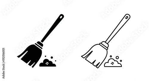 Broom brush cleaning tool icon set, vector illustration, simple design, black and white Vector
