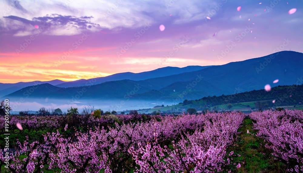 Obraz premium Vallata Incantata di Fiori Viola al Tramonto con Ruscello e Montagne Fantasy