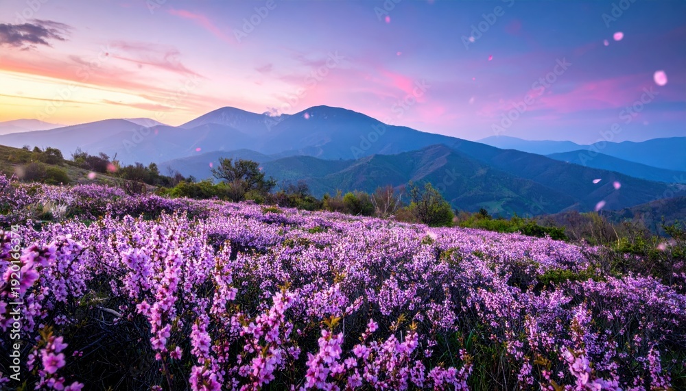 Fototapeta premium Vallata Incantata di Fiori Viola al Tramonto con Ruscello e Montagne Fantasy