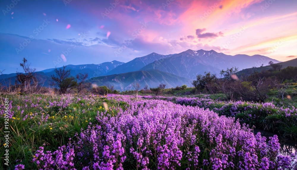 Obraz premium Vallata Incantata di Fiori Viola al Tramonto con Ruscello e Montagne Fantasy