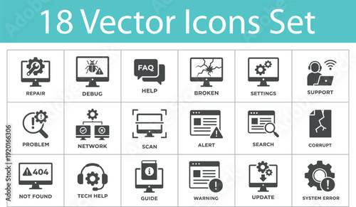 Tech Support and Troubleshooting vector icon set. Featuring repair, debug, system error, update, and tech help symbols. Solid style. Vector illustration.