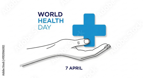 World health day illustration with hand holding blue cross on april 7th symbolizing global health awareness and medical care