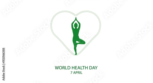 Green yoga figure in heart shape for world health day on april 7th promoting wellness and fitness