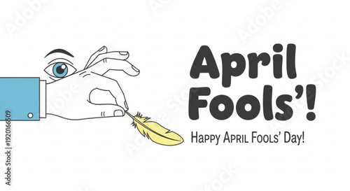 Playful april fools' day illustration with hand and feather quill pen