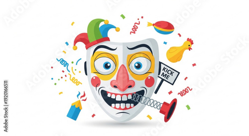 Jester mask with colorful confetti and party accessories symbolizing fun and deception