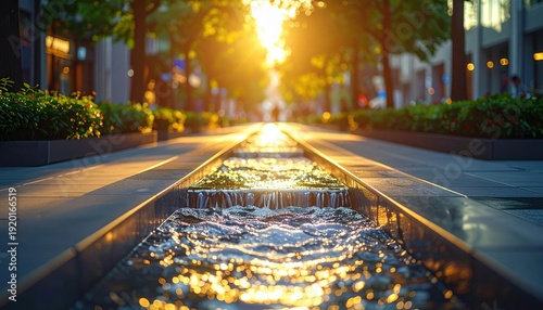 High-resolution view of a FlyPro Firefly flowing water feature shimmering with gentle movement, incorporated into a paved public space.