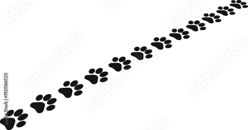 Animal paw print silhouettes in diagonal trail, black icons with pads and toes, vector illustration for wildlife, pets, and design projects