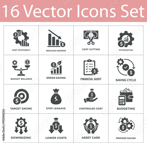 Cost Saving and Financial Optimization vector icon set. Featuring cost cutting, budgeting, audit, and asset care symbols. Solid style. Vector illustration.