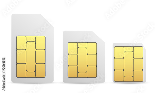SIM card isolated set with mini, micro, and nano mobile sim chip icons in clean 3D style, modern vector design for telecommunications, smartphone interfaces, apps, web projects, and digital technology