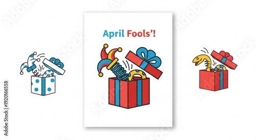 Colorful april fools' day gifts with jester hats and bows popping out surprise and prank concept