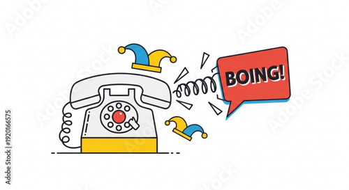 Vintage rotary phone with jester hats and boing speech bubble humorous communication concept