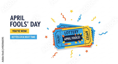 Colorful april fools' day lottery tickets with confetti and humorous messages
