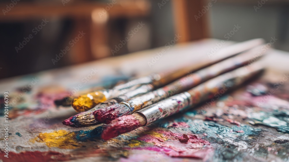 Fototapeta premium Close-up view of colorful watercolor paintbrushes resting on a messy artist's palette in a studio setting