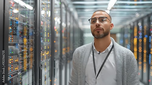 A middle-aged man with glasses and a lanyard stands between rows of computer servers in a data center with a neutral mood.