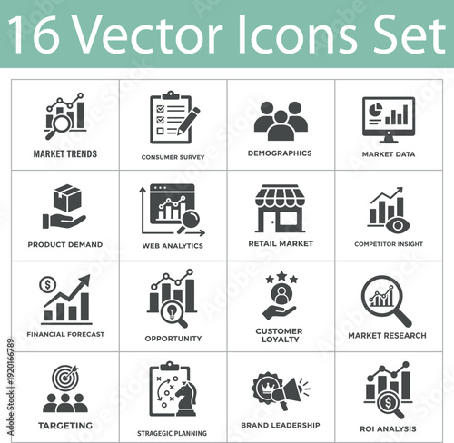 Market Research and Business Analytics vector icon set. Featuring trends, demographics, competitor insight, and ROI analysis symbols. Solid style. Vector illustration.