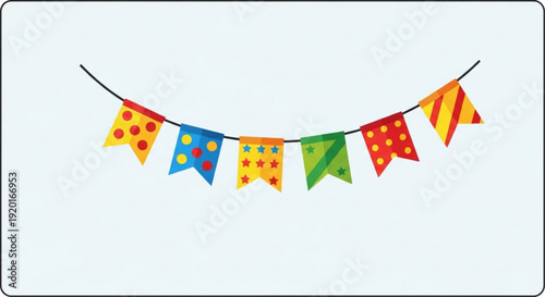 Colorful festive bunting flags on a string hanging decorations for party celebration bright background