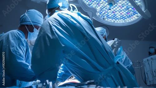 Surgeons in blue scrubs and masks performing surgery under a bright operating room light.