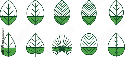 Minimal Green Leaf Logo Icon Set with Line Art Botanical Shapes for Eco Branding, Natural Product Identity, Organic Cosmetics, and Environmental Business Design.