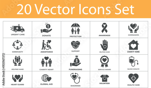 Charity and Donation vector icon set. Featuring donate, volunteer, community, support, care, and fundraising symbols. Solid style. Vector illustration.