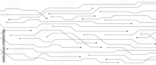 Abstract microelectronics circuit board. Horizontal lines and dots. Technology flow. Clean white background.