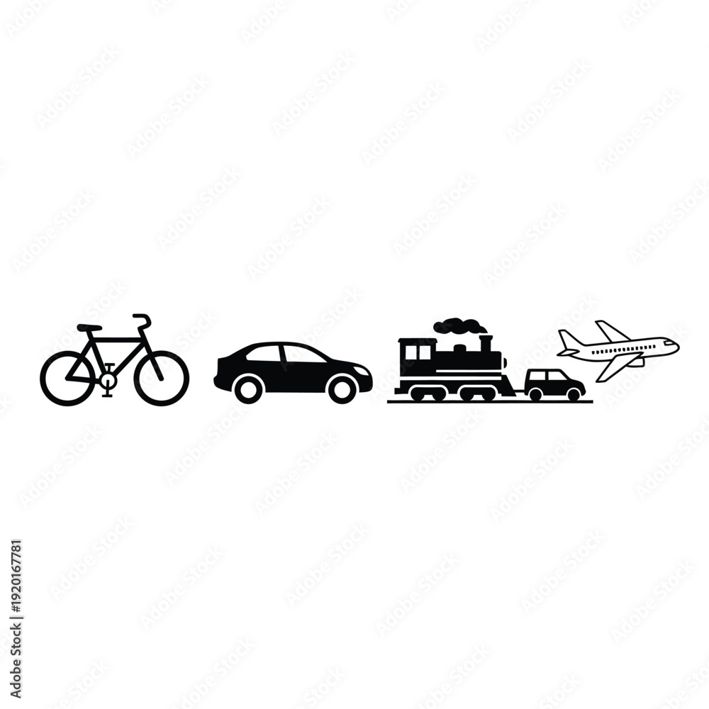 Fototapeta premium Icons of different modes of transportation are shown in a row against a white background.