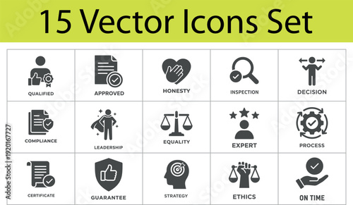 Business Ethics and Compliance vector icon set. Featuring leadership, strategy, equality, honesty, expert, and process symbols. Solid style. Vector illustration.