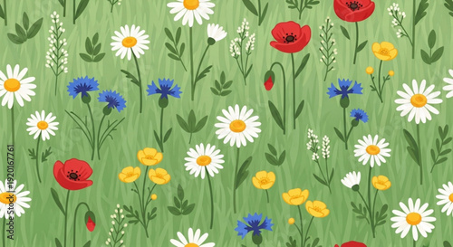 Vibrant floral pattern with white daisies red poppies yellow and blue wildflowers on green grass background