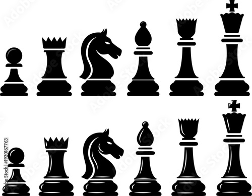 A black and white vector set of chess pieces including king, queen, bishop, knight, rook, and pawn. These clean silhouettes are perfect for gaming and strategy logos.