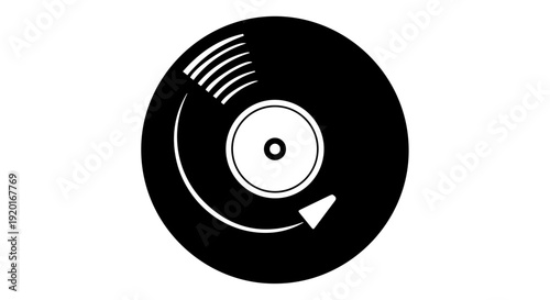 Vinyl record player flat icon collection. Includes turntable disc, music album, DJ equipment, audio playback, retro sound, and analog media symbols. Created in minimal monochrome style with