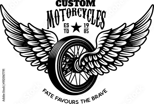 A vintage-style motorcycle emblem featuring a spoked wheel with large spread wings, arched text "Motor Speedway," and the slogan "Fate Favours The Brave." Ideal for biker logos.