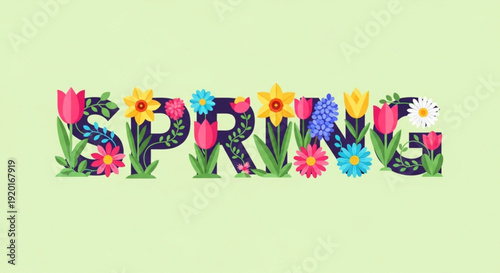 Colorful spring flowers decorate the word 'spring' on a light green background with vibrant floral pattern