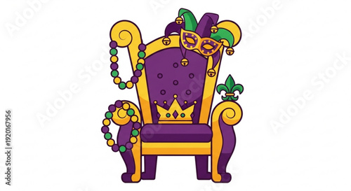 Mardi gras throne chair with purple gold and green decorations beads and jester mask on white background