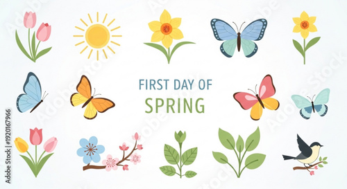 Vibrant spring icons with butterflies flowers and a bird on a white background celebrating the first day of spring with warm sunlight