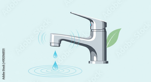 Leaking faucet with water droplets and green leaf on light blue background symbolizing water conservation and efficiency