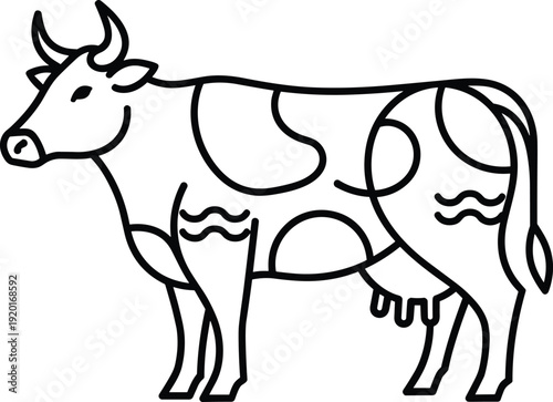 Black and white cow vector illustration featuring horns, udder, abstract decorative patterns, isolated background, perfect for stock content discoverability