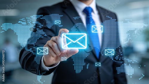 Businessman touching digital email icon on global world map interface,corporate communication concept for marketing automation,online messaging network and international business strategy