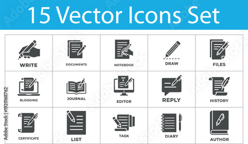 Writing and Documentation vector icon set. Featuring notebook, blogging, journal, files, certificate, and author symbols. Solid style. Vector illustration.