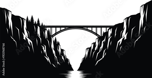 Black silhouette of a scenic arch bridge spanning a deep mountain canyon and river isolated on white background for travel and engineering concepts