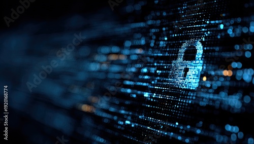 Digital security graphic, a padlock icon amidst a matrix of blue glowing lines